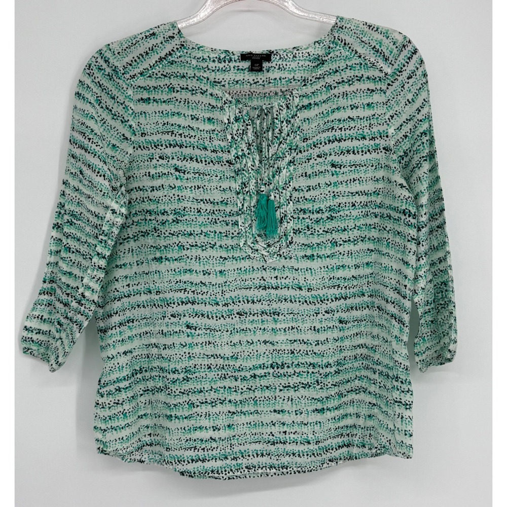 Ann Taylor Petite Green Dotted Stripe Silk Blend Tassel Blouse Sz SP